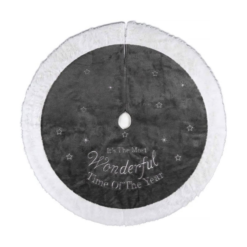 yuboo Gray Christmas Tree Skirt, 36" Faux Fur Pencil Tree Skirt Rug with White Embroidered Snowflakes for 5-6 ft Christmas Tree for Grey Christmas Decorations - Image 1